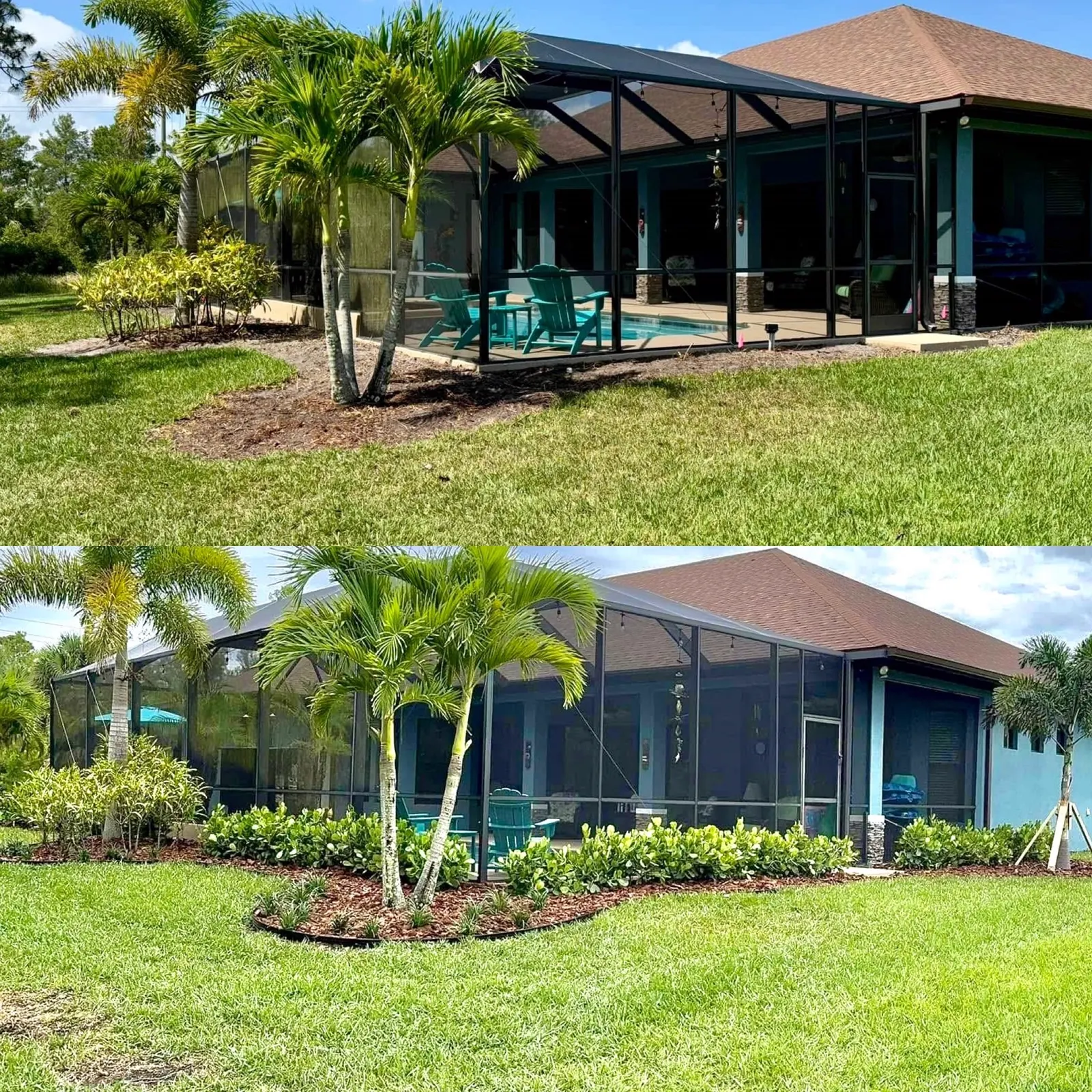 Backyard pool enclosure landscaping before and after in Melbourne FL