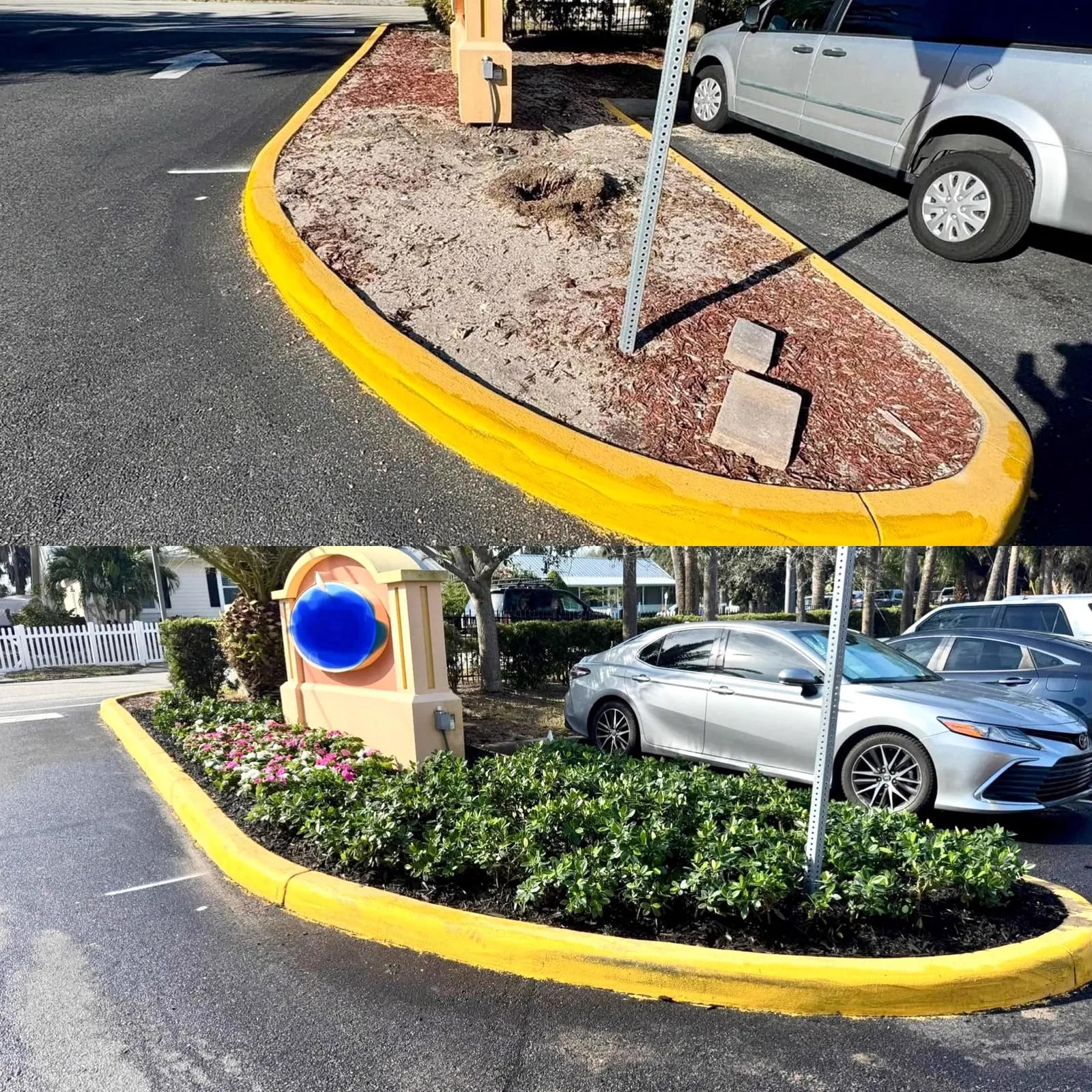 Commercial parking lot island replanted and mulched in Brevard County